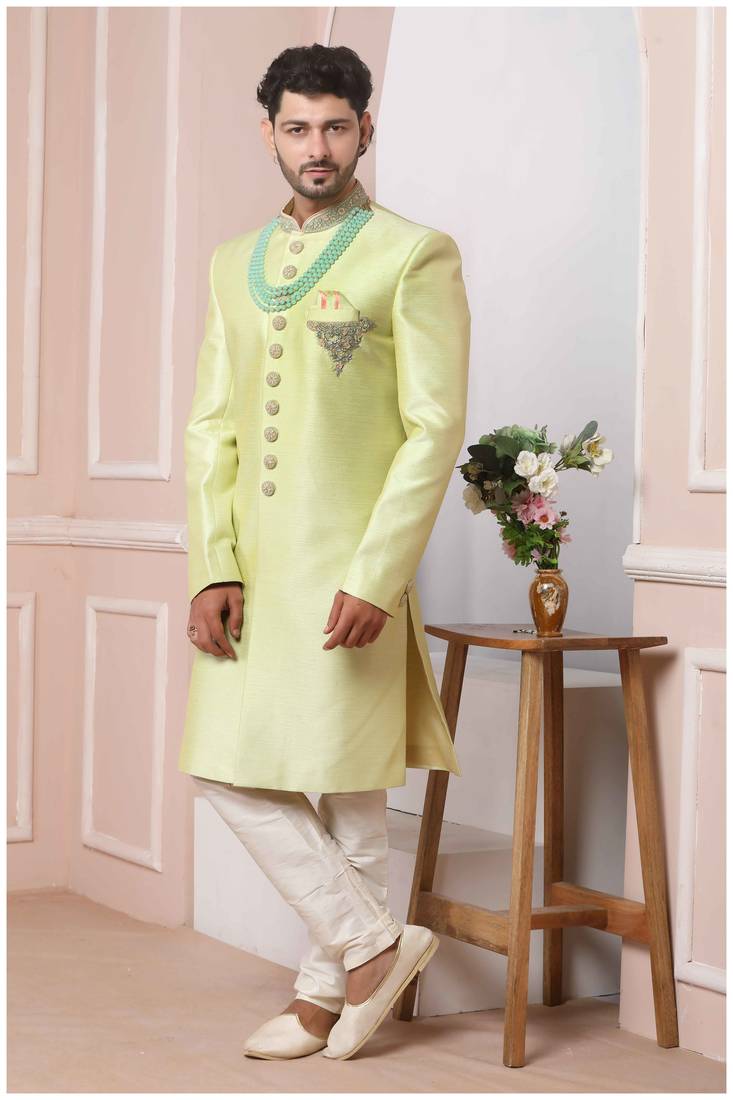 Green embroidered art silk sherwani
