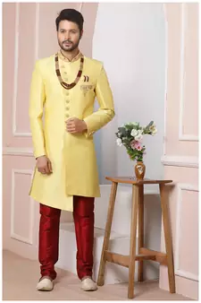 Yellow embroidered art silk sherwani