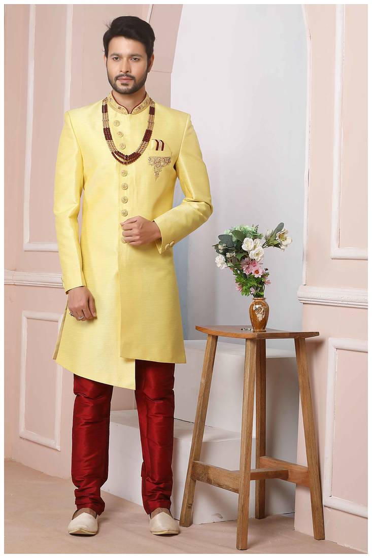 Yellow embroidered art silk sherwani