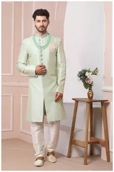 Green embroidered art silk sherwani