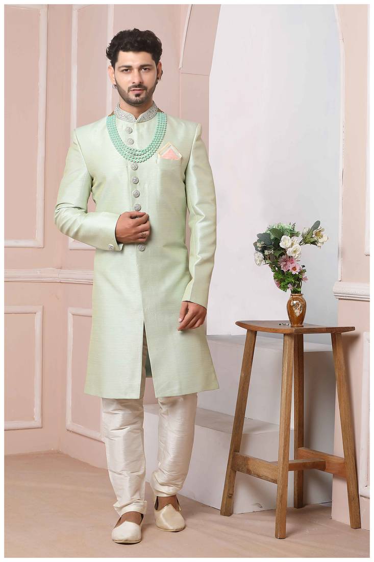 Green embroidered art silk sherwani
