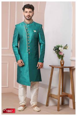 Green embroidered art silk sherwani 4