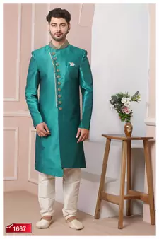 Green embroidered art silk sherwani