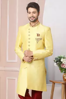 Yellow embroidered art silk sherwani