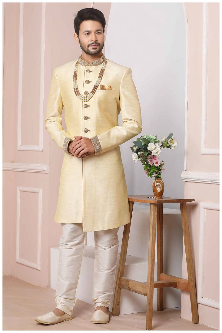 Fawn embroidered art silk sherwani