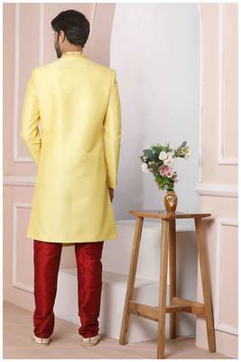 Yellow embroidered art silk sherwani 3