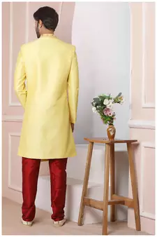 Yellow embroidered art silk sherwani