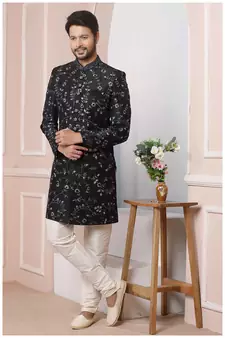 Black embroidered art silk sherwani