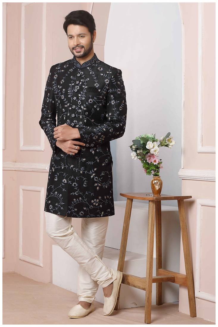Black embroidered art silk sherwani