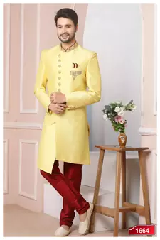 Yellow embroidered art silk sherwani