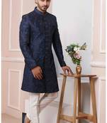 Blue embroidered art silk sherwani