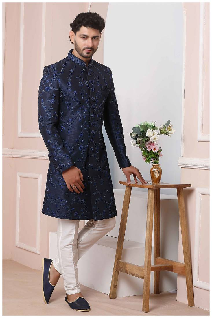 Blue embroidered art silk sherwani