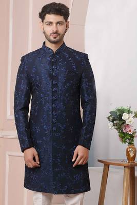 Blue embroidered art silk sherwani 2