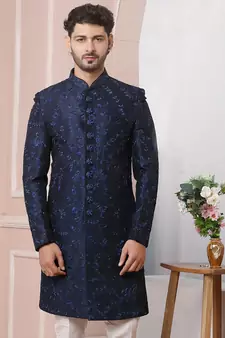 Blue embroidered art silk sherwani