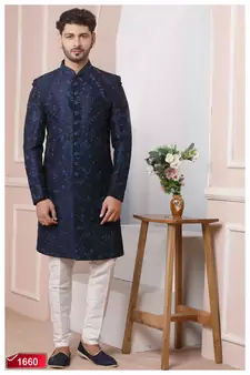 Blue embroidered art silk sherwani