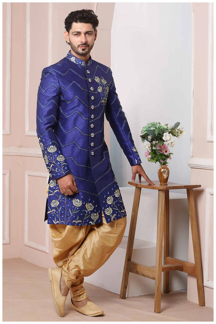 Blue embroidered art silk sherwani