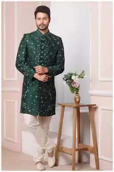 Green embroidered art silk sherwani