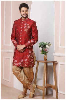 Maroon embroidered art silk sherwani 1