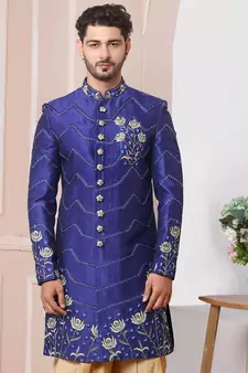 Blue embroidered art silk sherwani