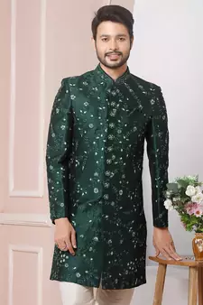 Green embroidered art silk sherwani
