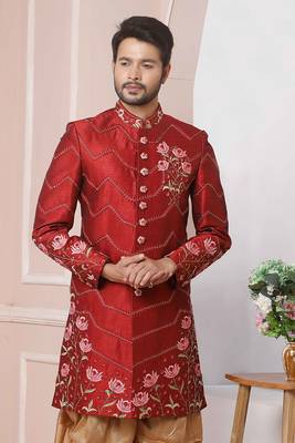 Maroon embroidered art silk sherwani 2