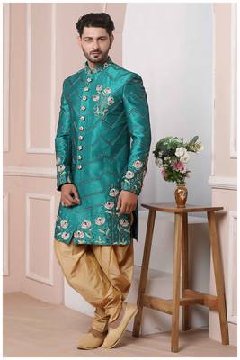 Green embroidered art silk sherwani 1