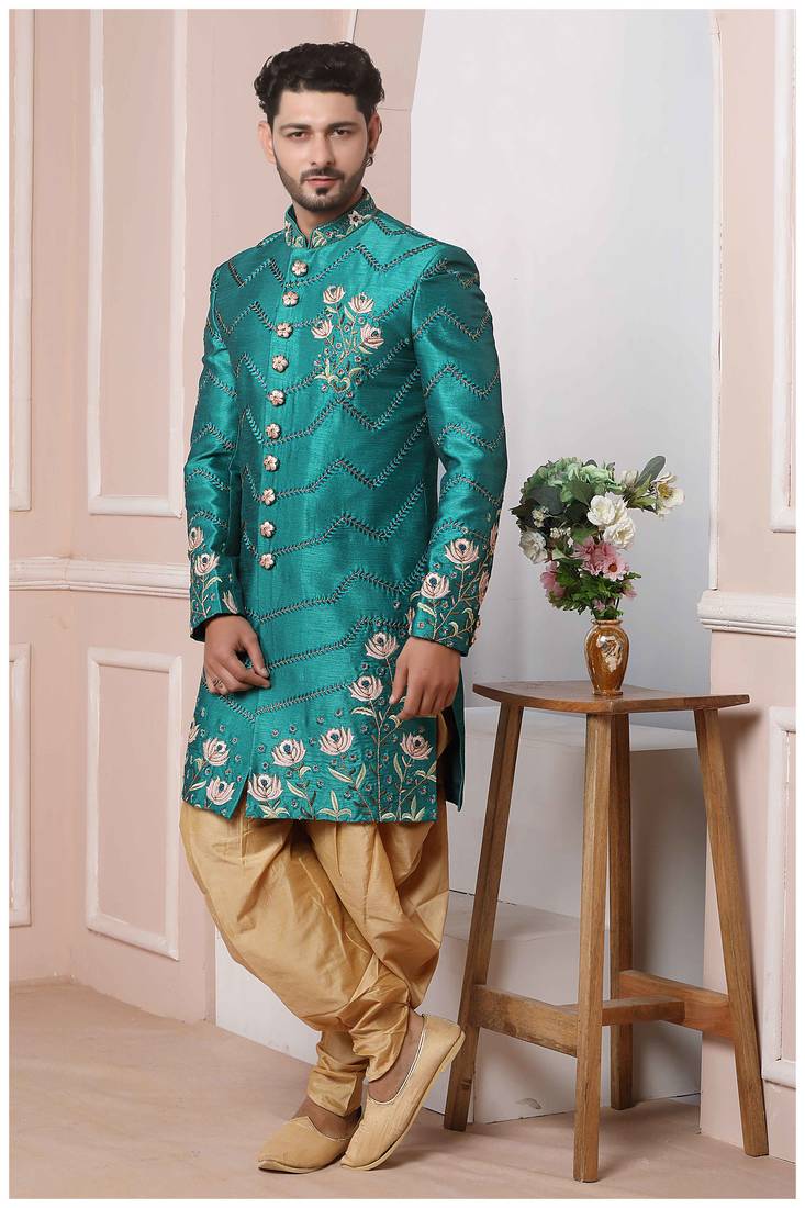 Green embroidered art silk sherwani