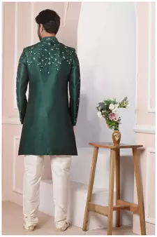 Green embroidered art silk sherwani