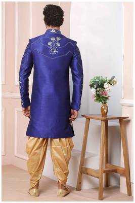 Blue embroidered art silk sherwani 3