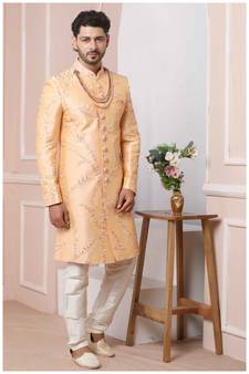 Beige embroidered art silk sherwani