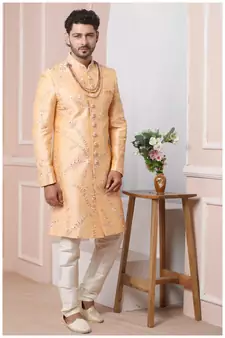 Beige embroidered art silk sherwani