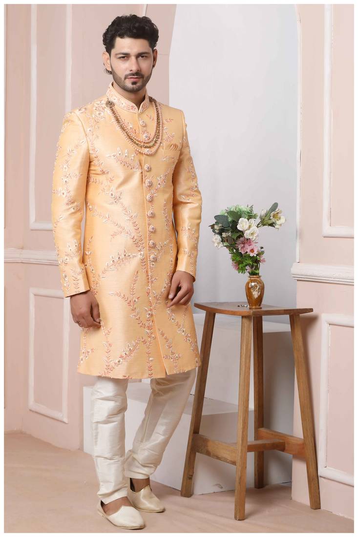 Beige embroidered art silk sherwani