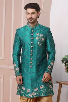 Green embroidered art silk sherwani
