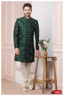 Green embroidered art silk sherwani