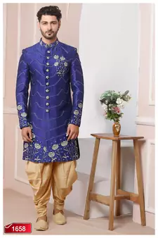 Blue embroidered art silk sherwani