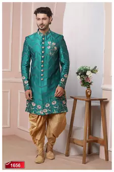 Green embroidered art silk sherwani