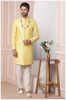 Yellow embroidered art silk sherwani