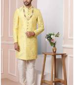 Yellow embroidered art silk sherwani