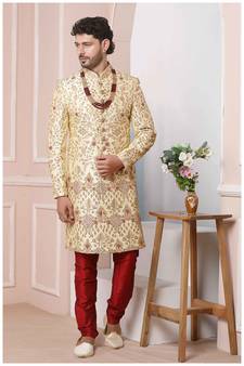 Fawn embroidered art silk sherwani