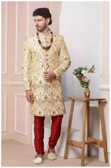 Fawn embroidered art silk sherwani