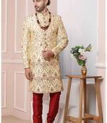 Fawn embroidered art silk sherwani