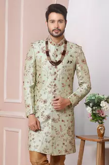 Green embroidered art silk sherwani