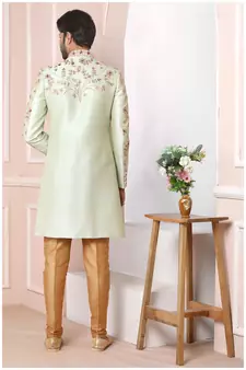 Green embroidered art silk sherwani