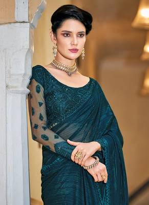 Teal woven pure art silk saree with blouse 2