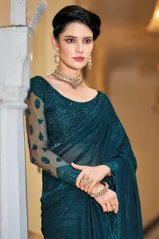 Teal woven pure art silk saree with blouse