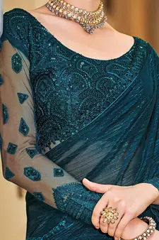 Teal woven pure art silk saree with blouse