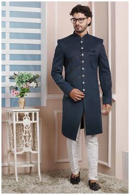 Blue plain jacquard sherwani 1