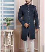 Blue plain jacquard sherwani