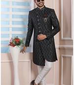 Black plain jacquard sherwani