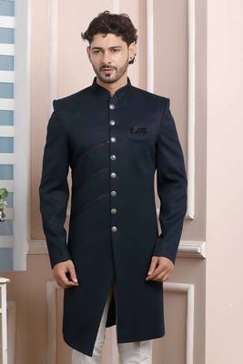 Blue plain jacquard sherwani 2